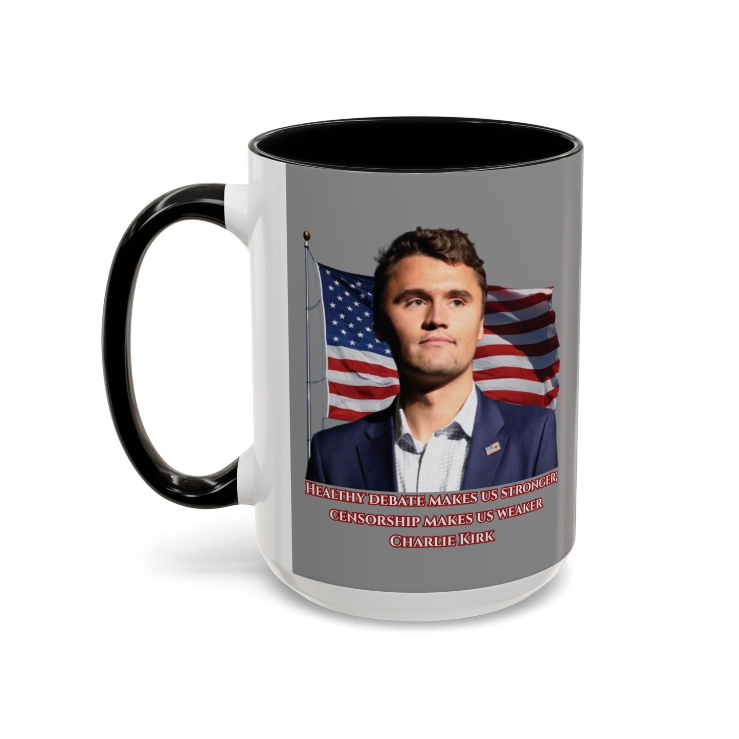 Charlie Kirk, Healthy Debate Grey Accent Mug by theGreenDragonTavern.shop