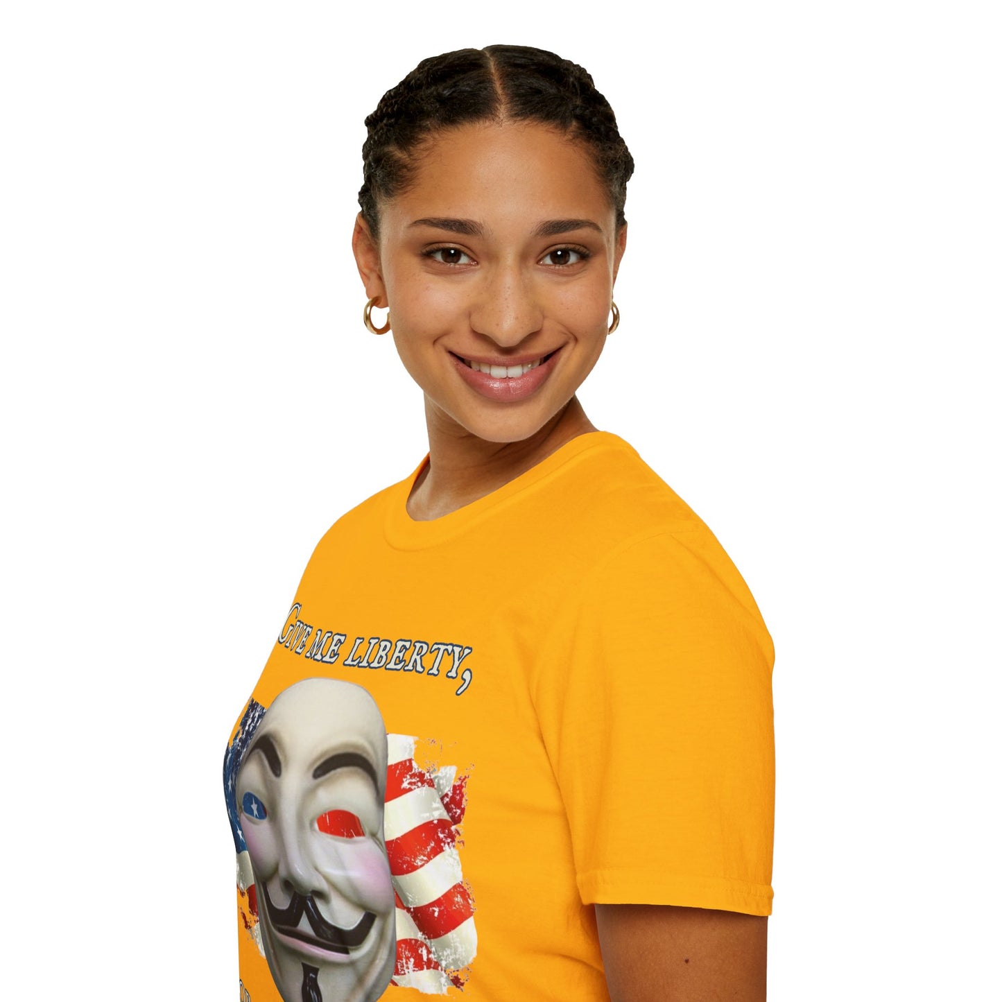 Vendetta, "Give me liberty, or give me death!" Light colors Unisex T-Shirt by theGreenDragonTavern.shop