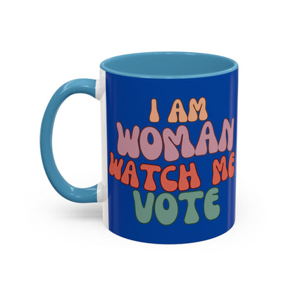 I Am Woman Watch Me Vote Dark Blue Accent Mug by theGreenDragonTavern.shop