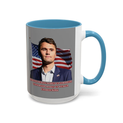 Charlie Kirk, Healthy Debate Grey Accent Mug by theGreenDragonTavern.shop