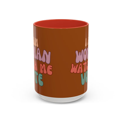 I Am Woman Watch Me Vote Brown Accent Mug by theGreenDragonTavern.shop