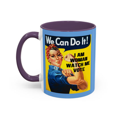 I Am Woman Watch Me Vote Rosie Light Blue Accent Mug by theGreenDragonTavern.shop