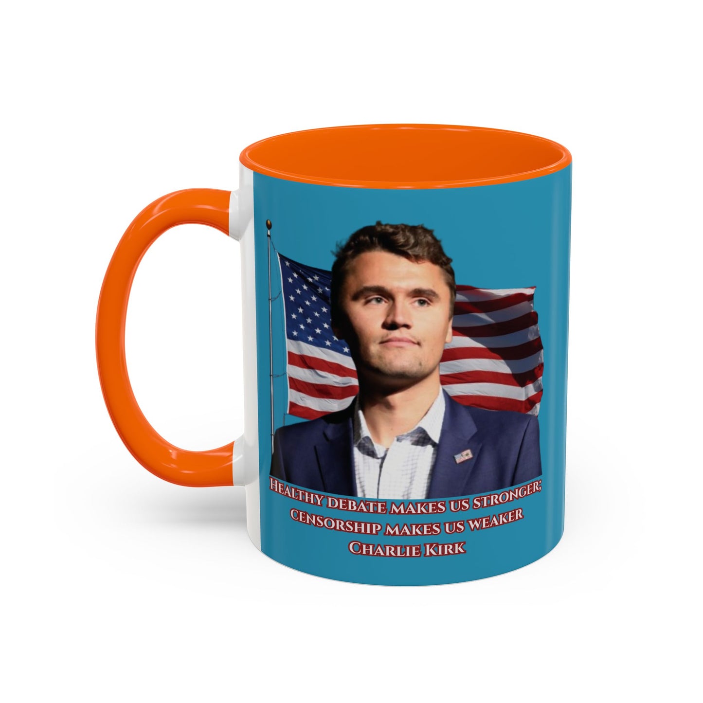 Charlie Kirk, Healthy Debate Turquoise Accent Mug by theGreenDragonTavern.shop