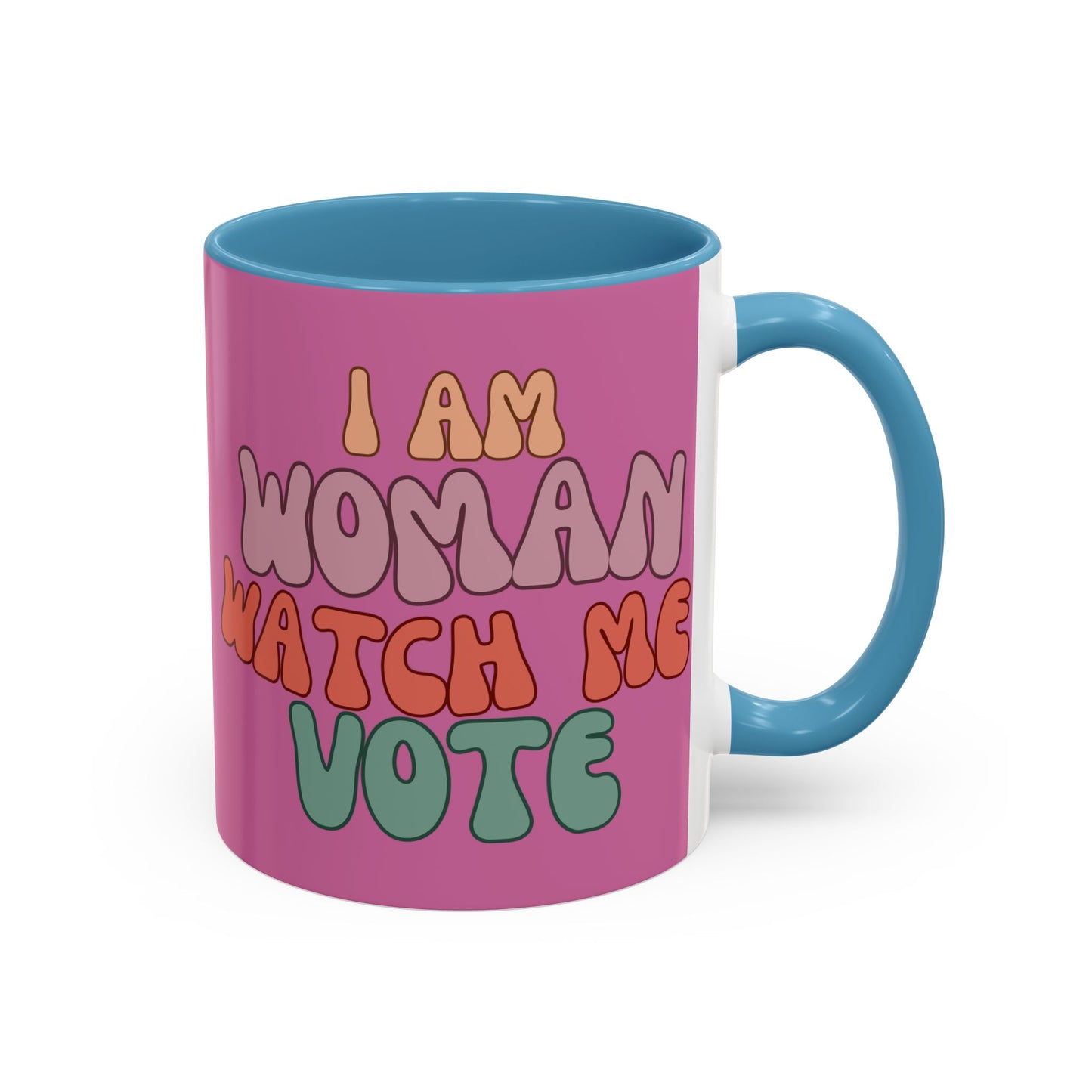 I Am Woman Watch Me Vote Pink Accent Mug by theGreenDragonTavern.shop