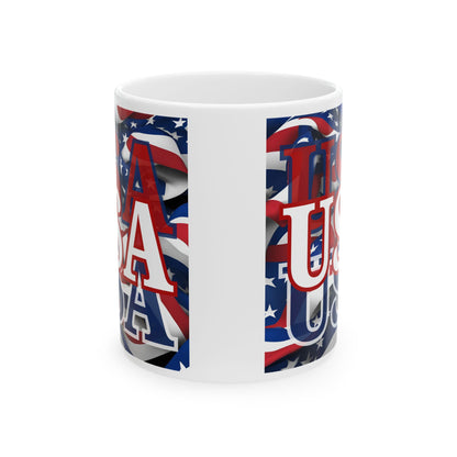 USA White font Center Patriot White Mug by theGreenDragonTavern.shop