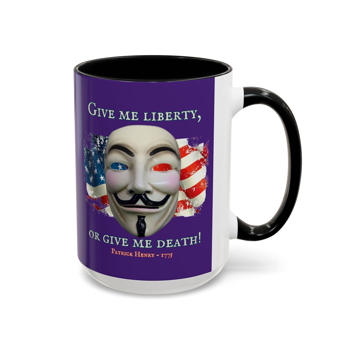 Vendetta, "Give me liberty, or give me death!" Purple Accent Mug by theGreenDragonTavern.shop