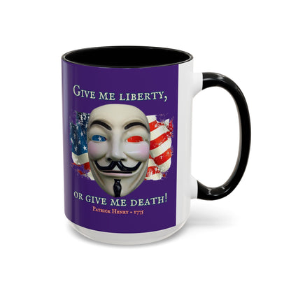 Vendetta, "Give me liberty, or give me death!" Purple Accent Mug by theGreenDragonTavern.shop