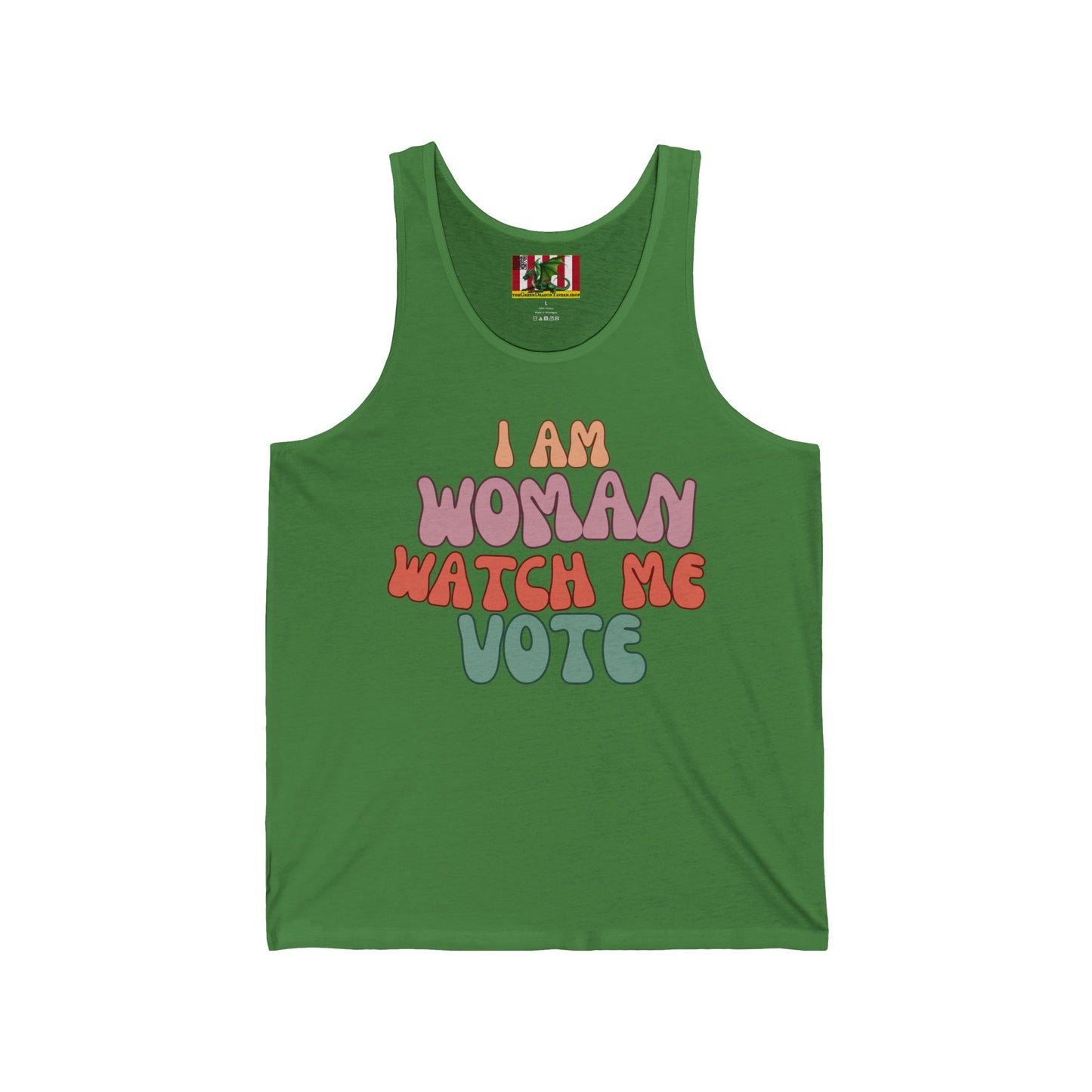 2-sided, I Am Woman Watch Me Vote Unisex Jersey Tank Top by theGreenDragonTavern.shop