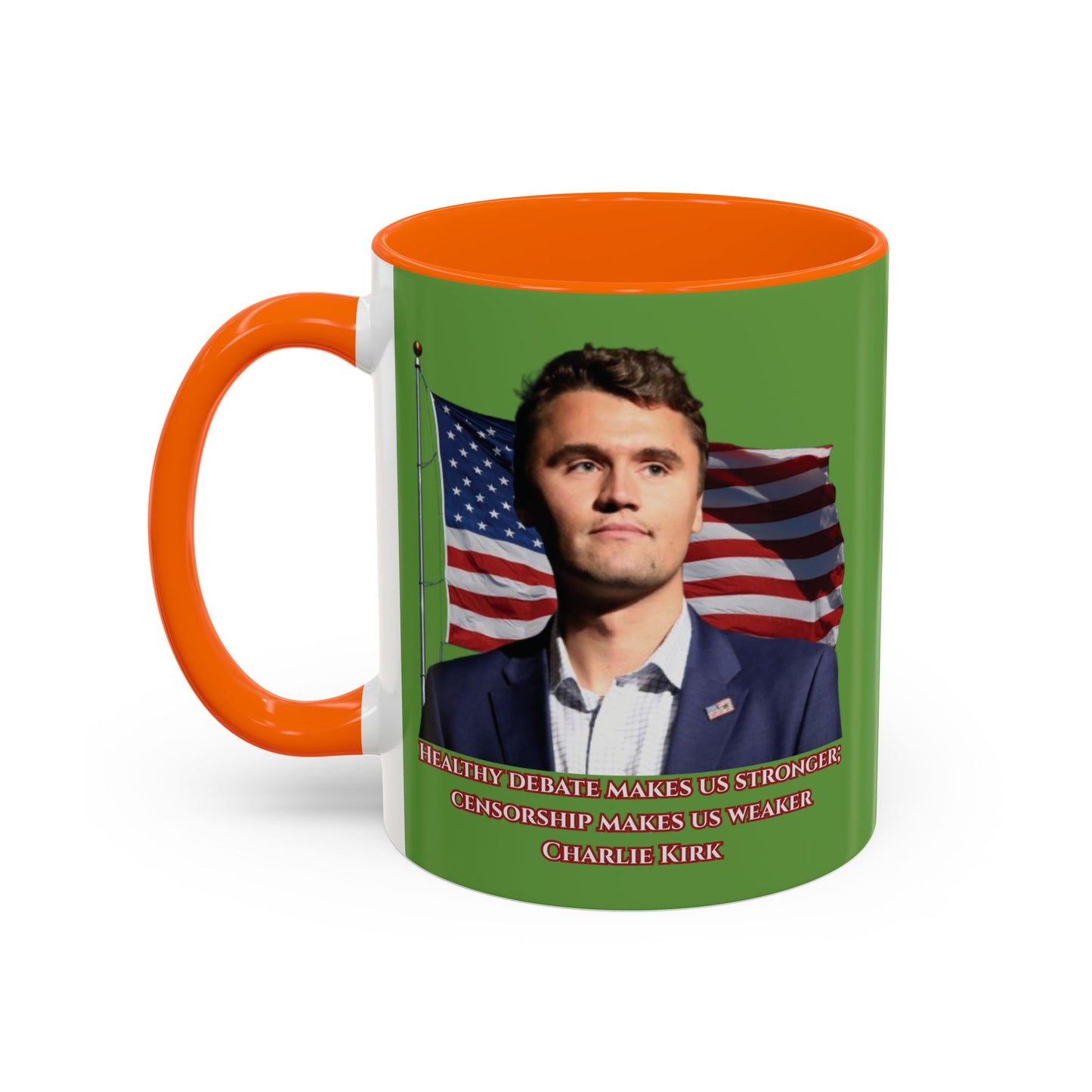 Charlie Kirk, Healthy Debate Green Accent Mug by theGreenDragonTavern.shop