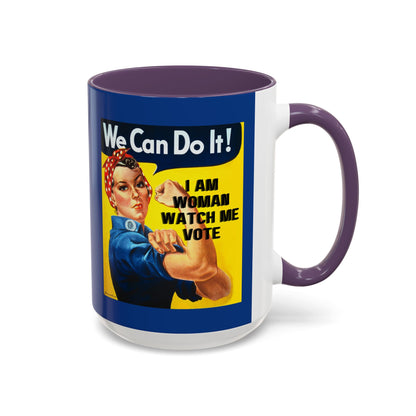 I Am Woman Watch Me Vote Rosie Dark Blue Accent Mug by theGreenDragonTavern.shop