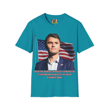 Charlie Kirk, Healthy Debate Dark colors Unisex T-Shirt by theGreenDragonTavern.shop