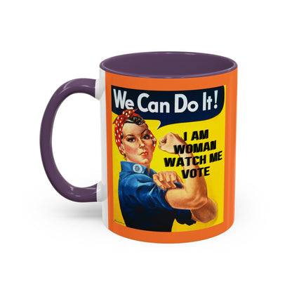 I Am Woman Watch Me Vote Rosie Orange Accent Mug by theGreenDragonTavern.shop