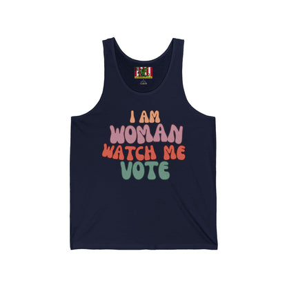 2-sided, I Am Woman Watch Me Vote Unisex Jersey Tank Top by theGreenDragonTavern.shop