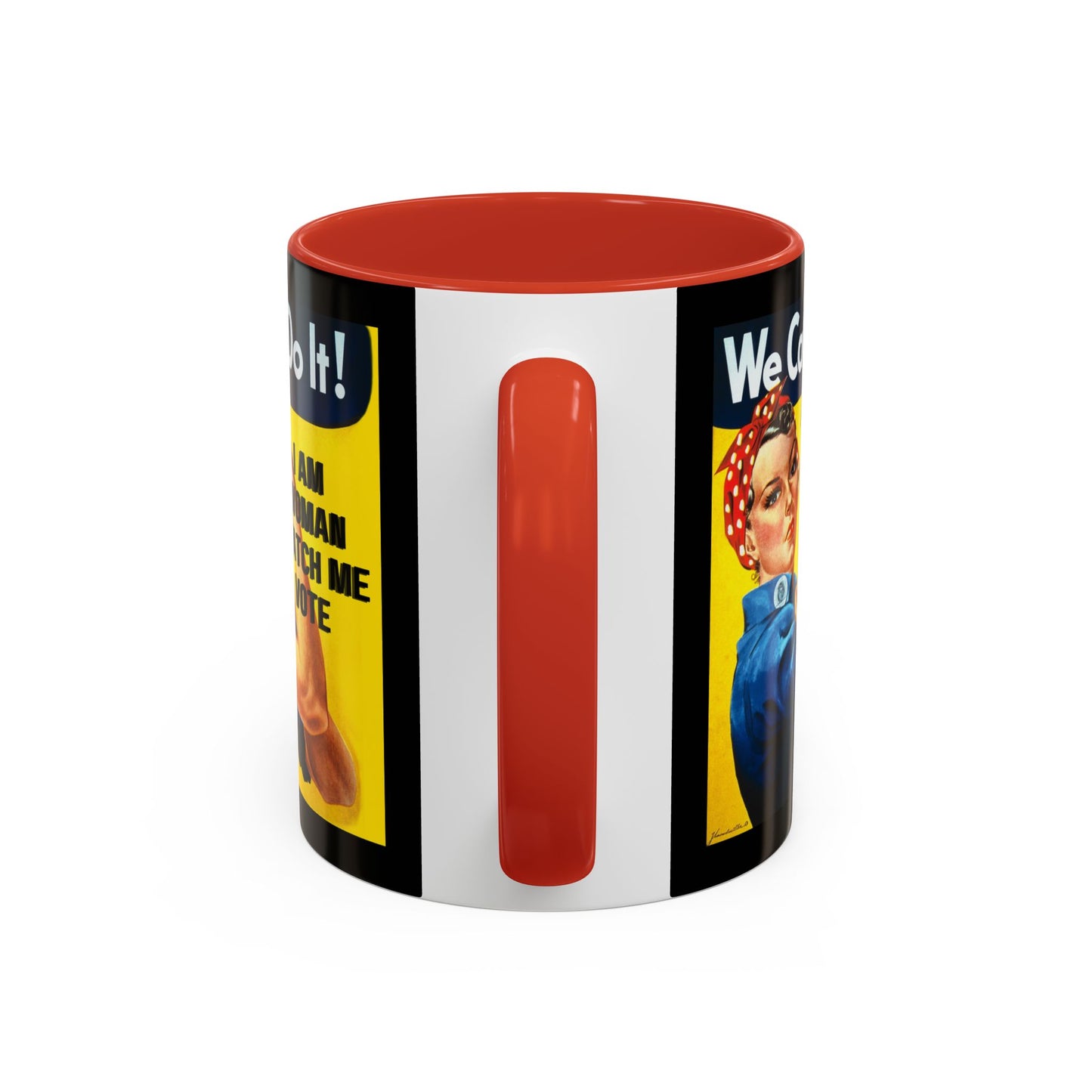 I Am Woman Watch Me Vote Rosie Black Accent Mug by theGreenDragonTavern.shop