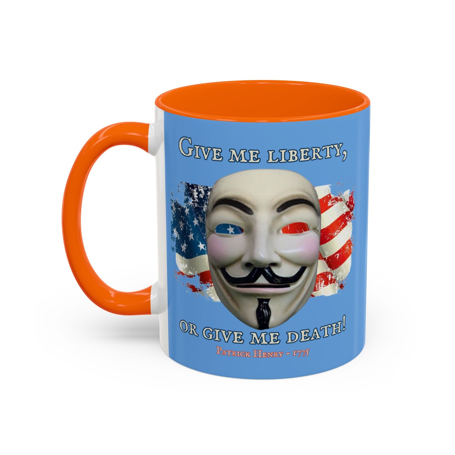 Vendetta, "Give me liberty, or give me death!" Blue Accent Mug by theGreenDragonTavern.shop