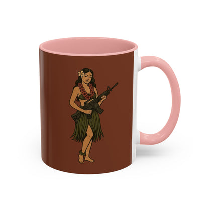 Hula Girl Packin' Heat Brown Accent Mug by theGreenDragonTavern.shop