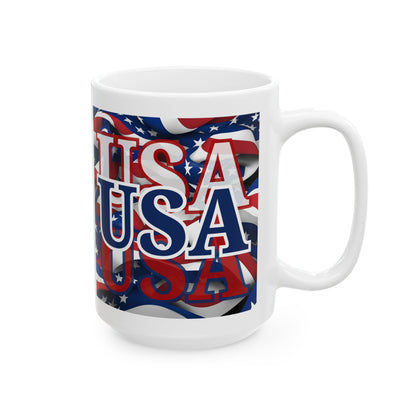 USA Blue font Center Patriot White Mug by theGreenDragonTavern.shop