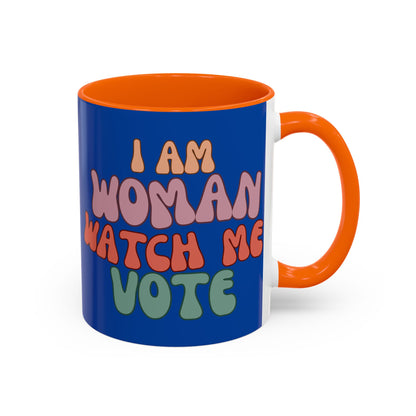 I Am Woman Watch Me Vote Dark Blue Accent Mug by theGreenDragonTavern.shop