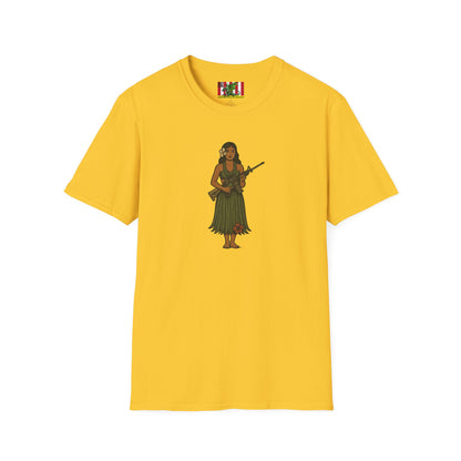2-sided, Hula Girl Packin' Heat Light colors Unisex T-Shirt by theGreenDragonTavern.shop