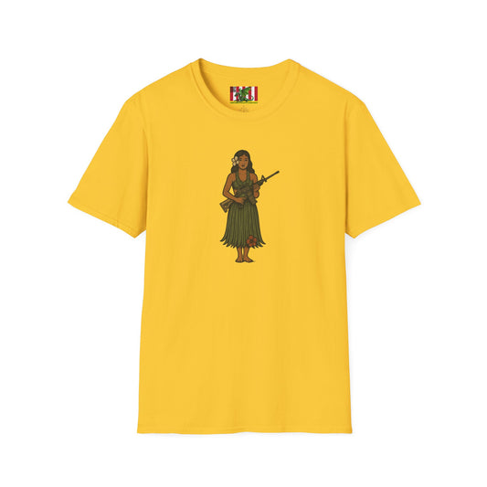 2-sided, Hula Girl Packin' Heat Light colors Unisex T-Shirt by theGreenDragonTavern.shop