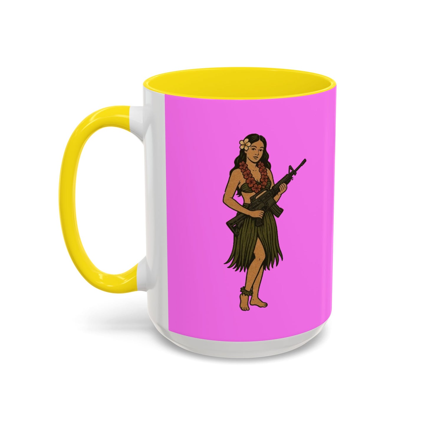 Hula Girl Packin' Heat Pink Accent Mug by theGreenDragonTavern.shop