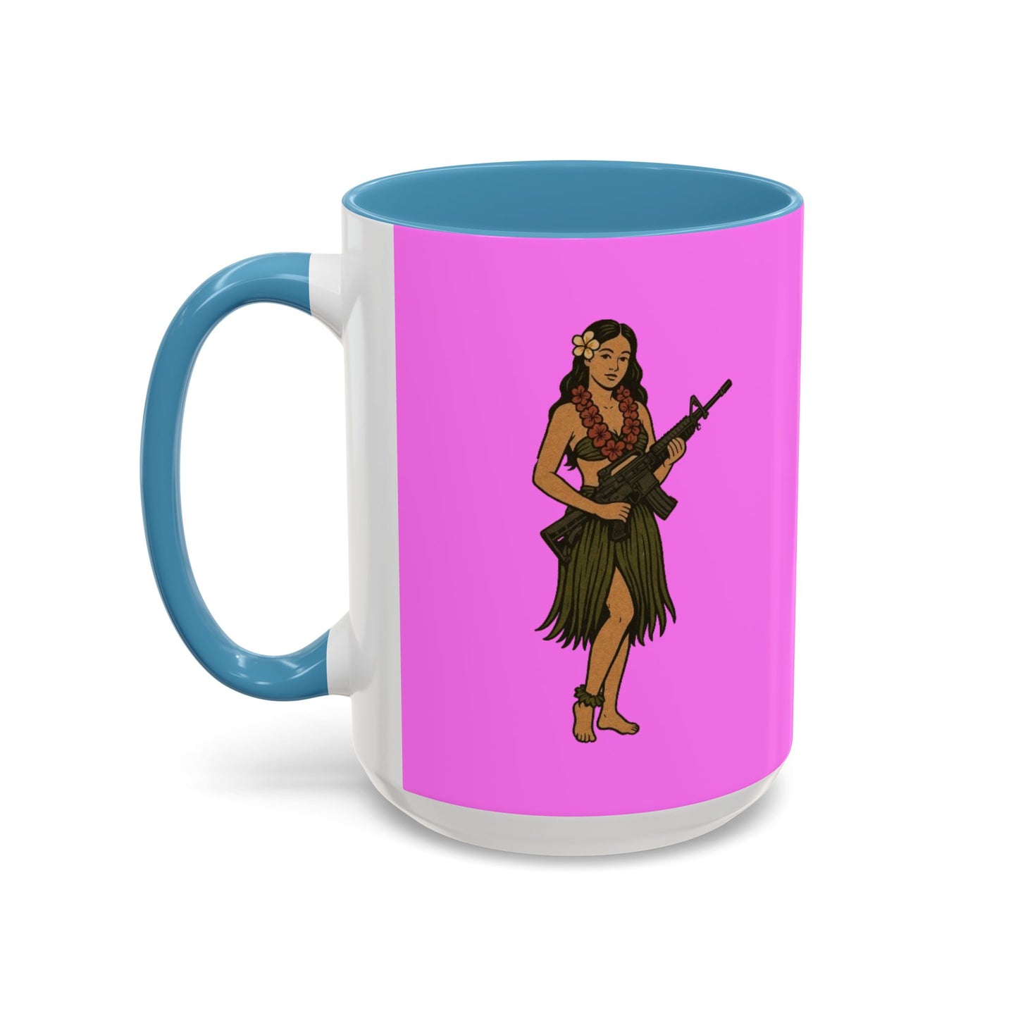 Hula Girl Packin' Heat Pink Accent Mug by theGreenDragonTavern.shop