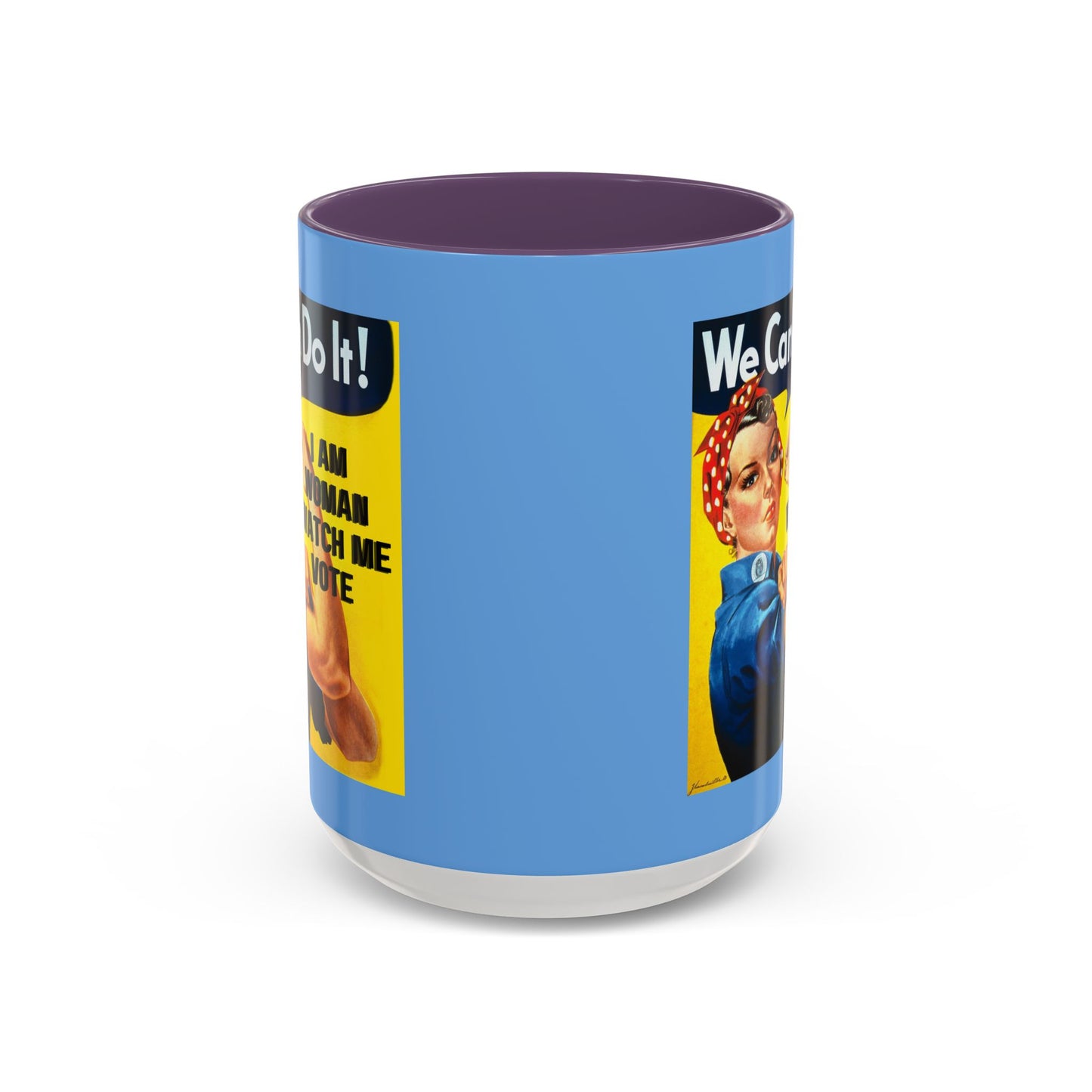 I Am Woman Watch Me Vote Rosie Light Blue Accent Mug by theGreenDragonTavern.shop