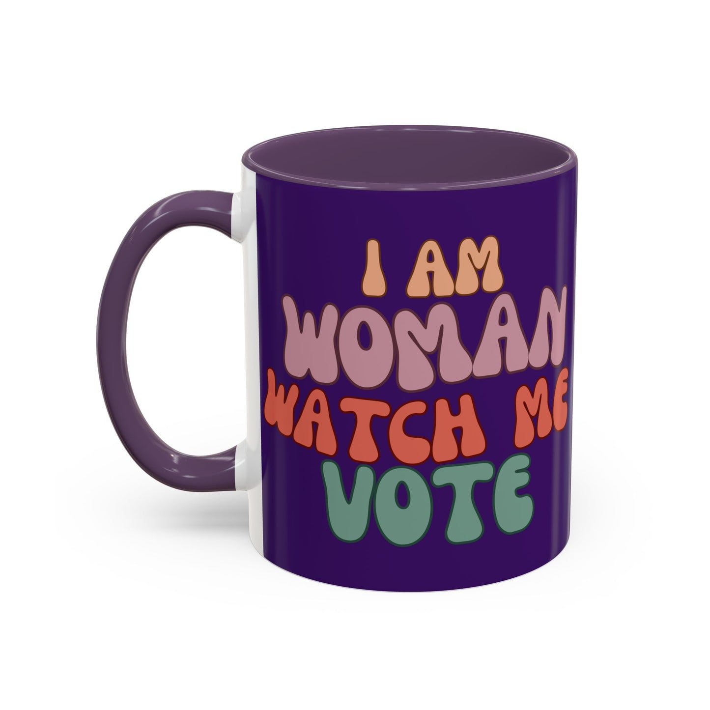 I Am Woman Watch Me Vote Dark Purple Accent Mug by theGreenDragonTavern.shop