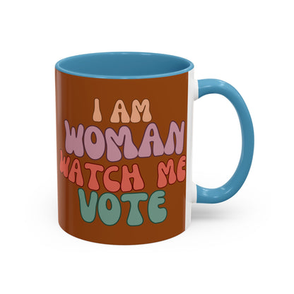 I Am Woman Watch Me Vote Brown Accent Mug by theGreenDragonTavern.shop