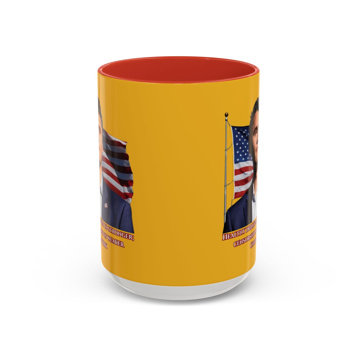 Charlie Kirk, Healthy Debate Yellow Accent Mug by theGreenDragonTavern.shop
