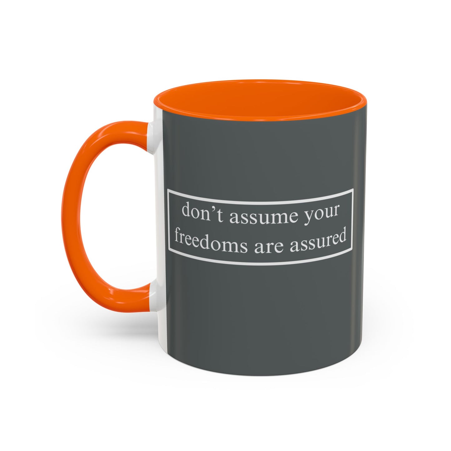 don't assume your freedoms are assured White font Grey Accent Mug by theGreenDragonTavern.shop