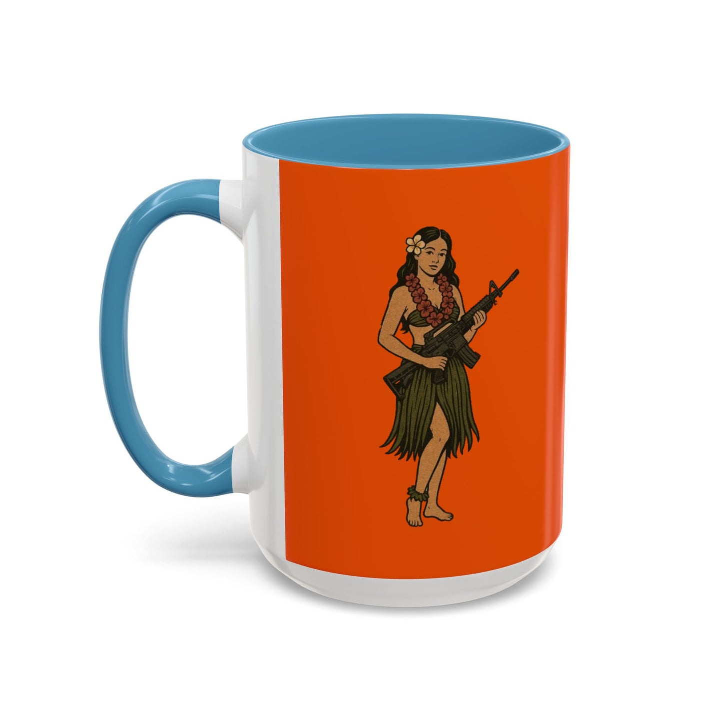 Hula Girl Packin' Heat Orange Accent Mug by theGreenDragonTavern.shop