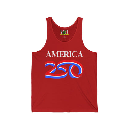 America 250 White font Unisex Jersey Tank Top by theGreenDragonTavern.shop
