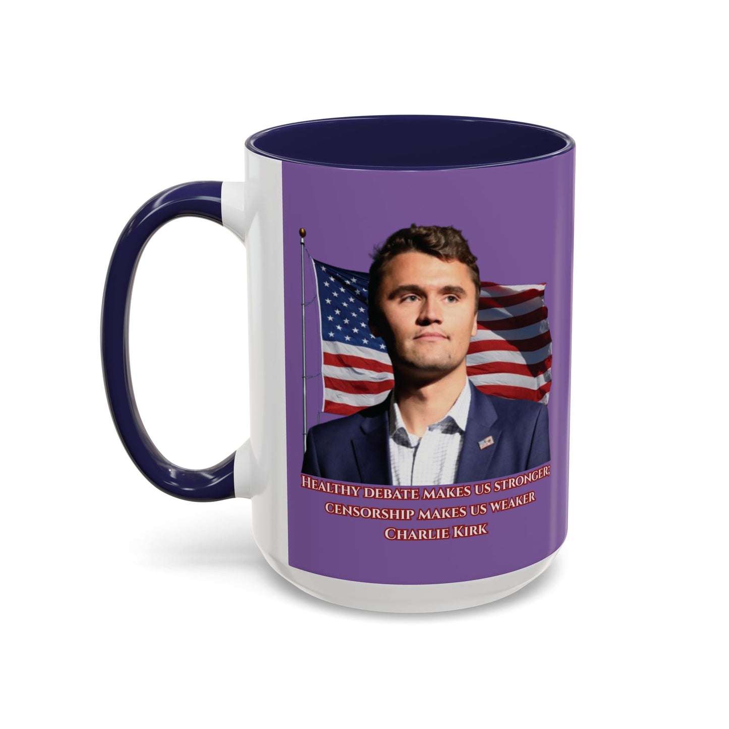 Charlie Kirk, Healthy Debate Light Purple Accent Mug by theGreenDragonTavern.shop