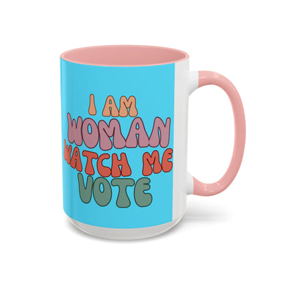 I Am Woman Watch Me Vote Light Blue Accent Mug by theGreenDragonTavern.shop