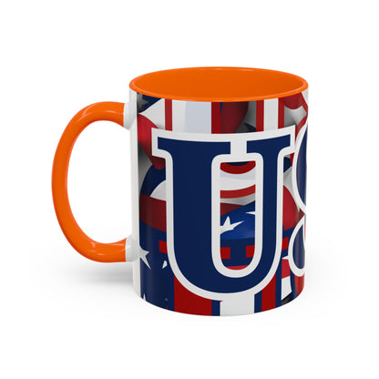 USA! USA! USA Blue font Patriot Black Accent Mug by theGreenDragonTavern.shop