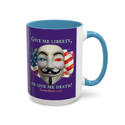 Vendetta, "Give me liberty, or give me death!" Purple Accent Mug by theGreenDragonTavern.shop