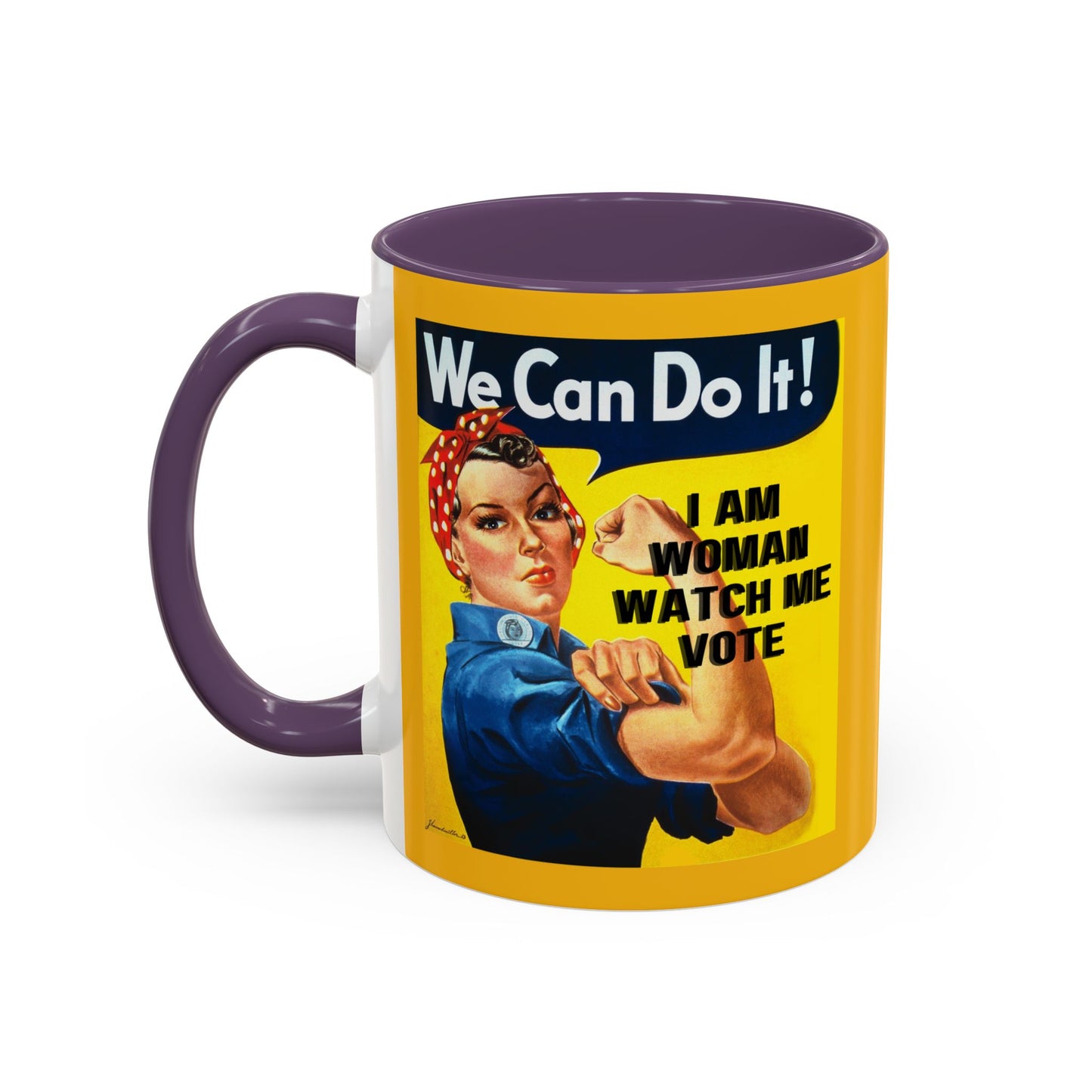 I Am Woman Watch Me Vote Rosie Yellow Accent Mug by theGreenDragonTavern.shop