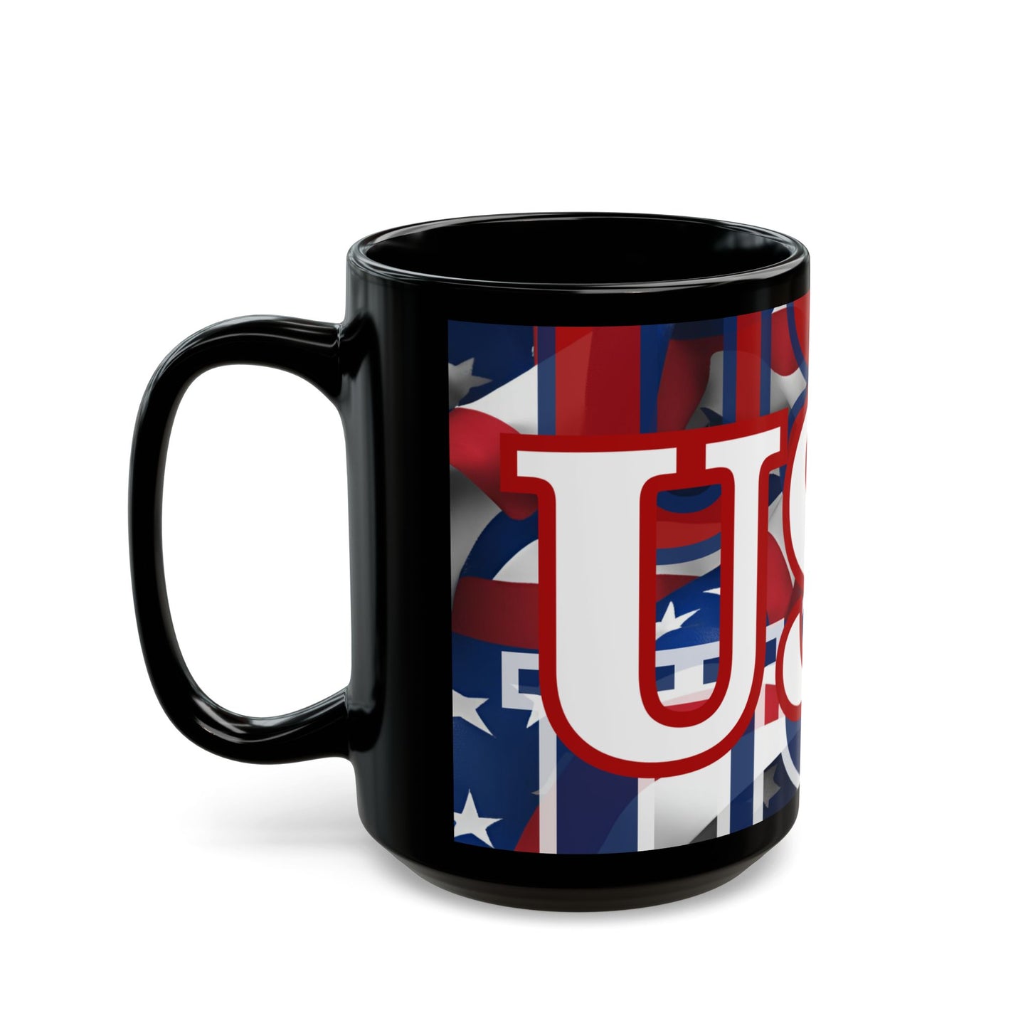 USA! USA! USA White font Patriot Black Mug by theGreenDragonTavern.shop
