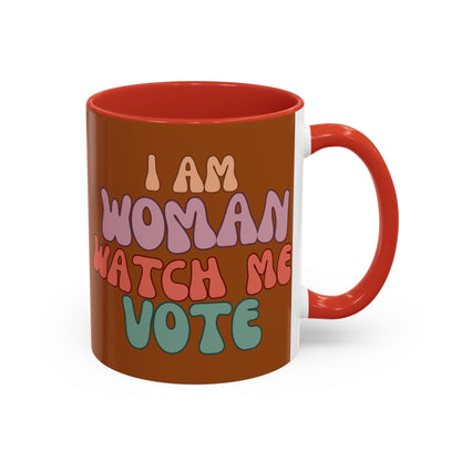 I Am Woman Watch Me Vote Brown Accent Mug by theGreenDragonTavern.shop