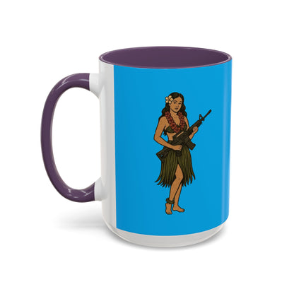 Hula Girl Packin' Heat Light Blue Accent Mug by theGreenDragonTavern.shop