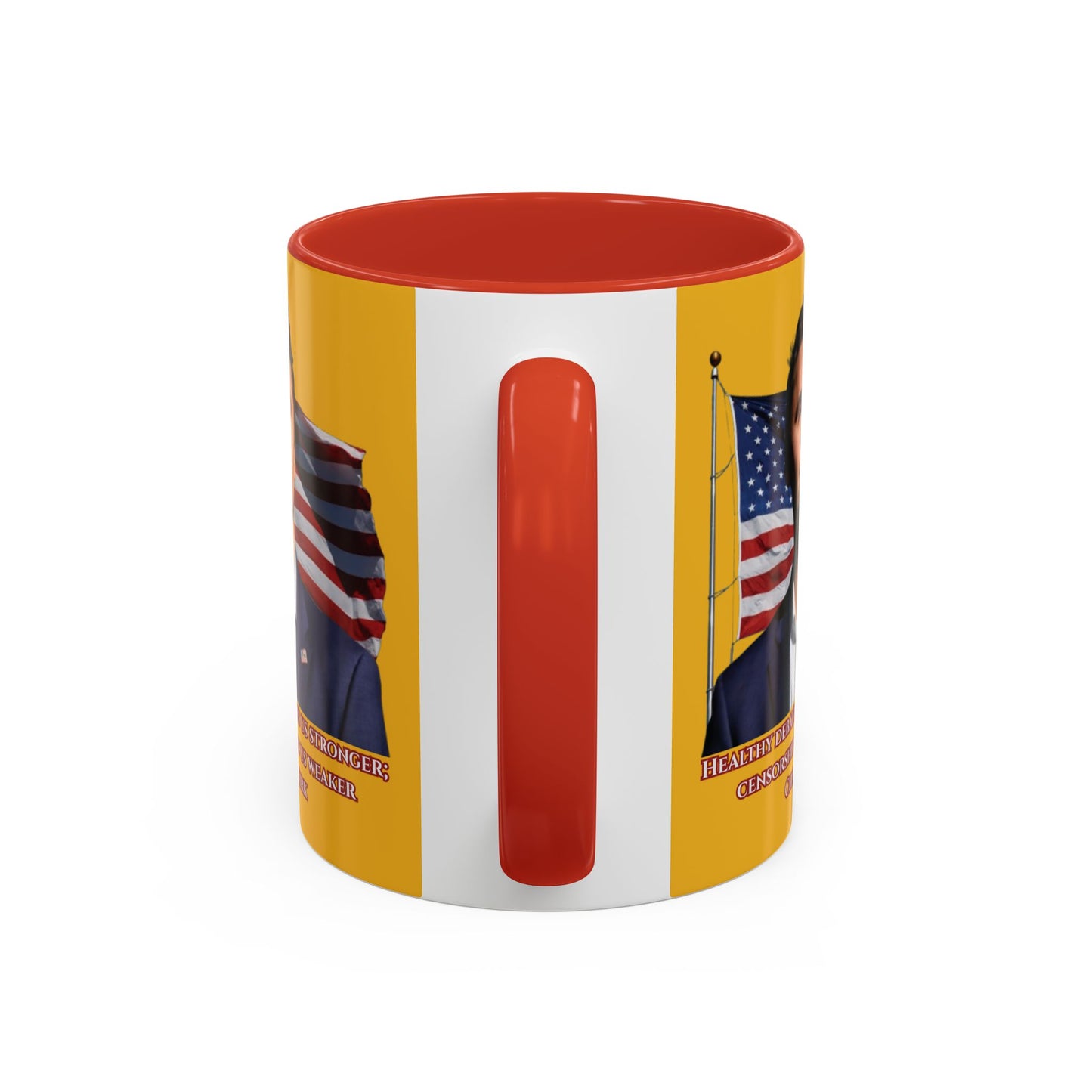 Charlie Kirk, Healthy Debate Yellow Accent Mug by theGreenDragonTavern.shop