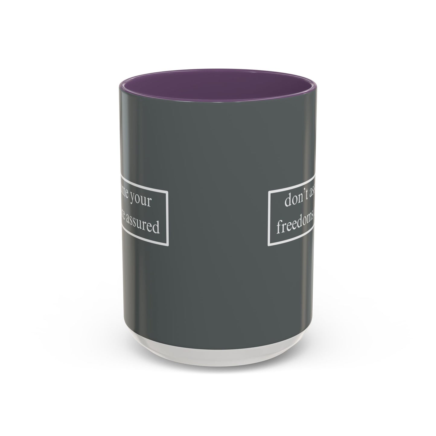 don't assume your freedoms are assured White font Grey Accent Mug by theGreenDragonTavern.shop
