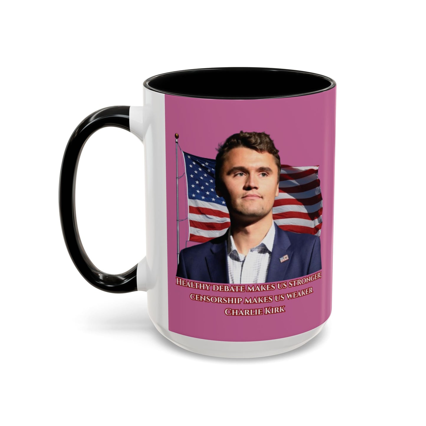 Charlie Kirk, Healthy Debate Pink Accent Mug by theGreenDragonTavern.shop