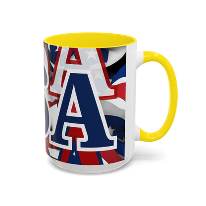 USA! USA! USA Blue font Patriot White Accent Mug by theGreenDragonTavern.shop