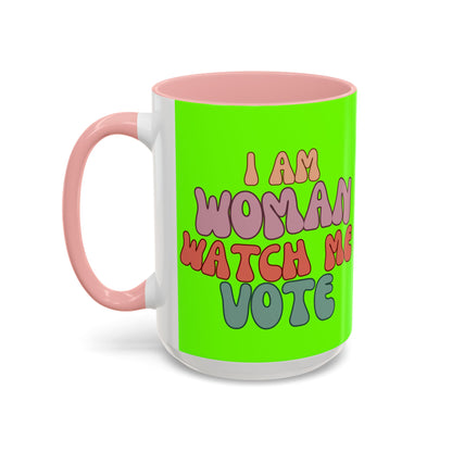 I Am Woman Watch Me Vote Light Green Accent Mug by theGreenDragonTavern.shop