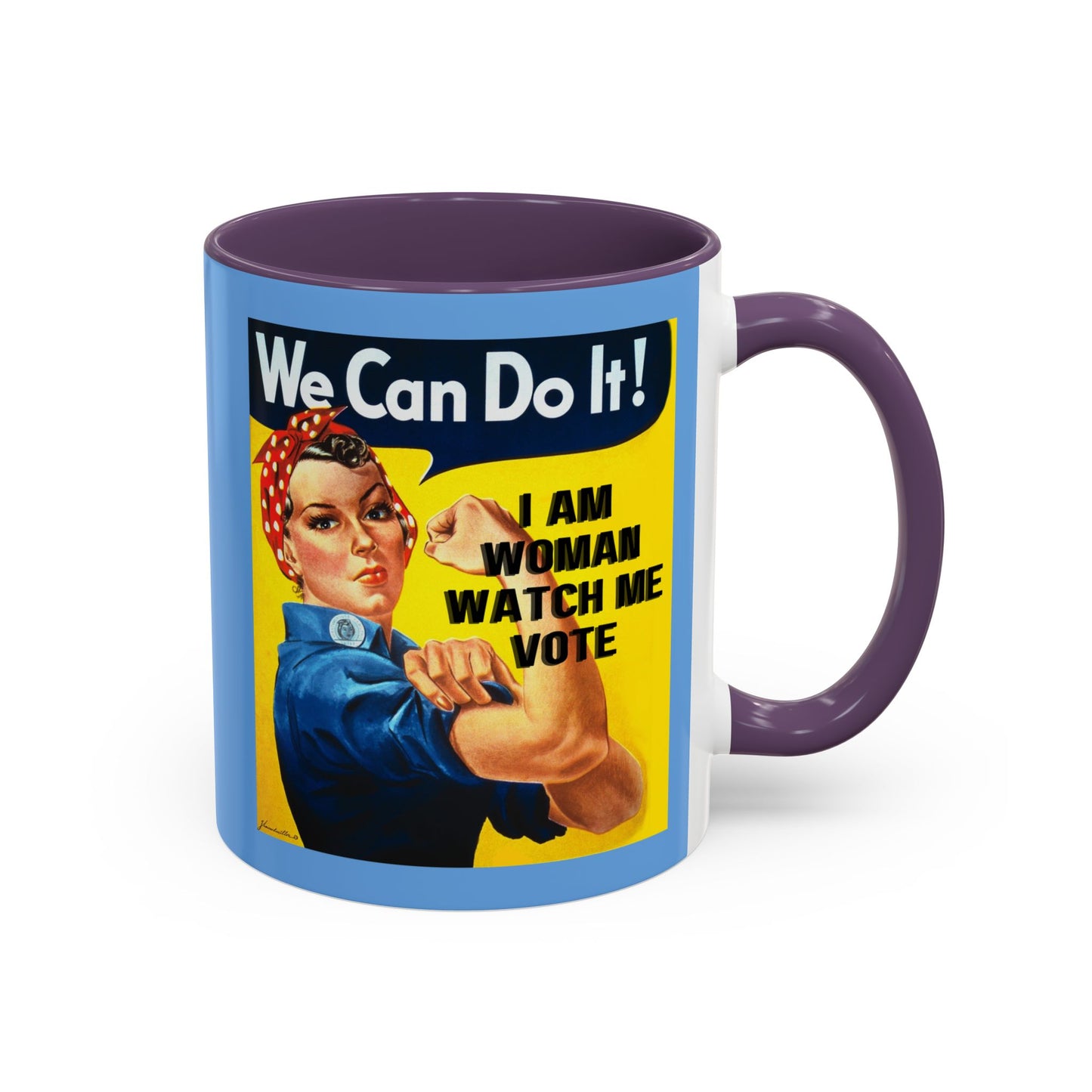 I Am Woman Watch Me Vote Rosie Light Blue Accent Mug by theGreenDragonTavern.shop