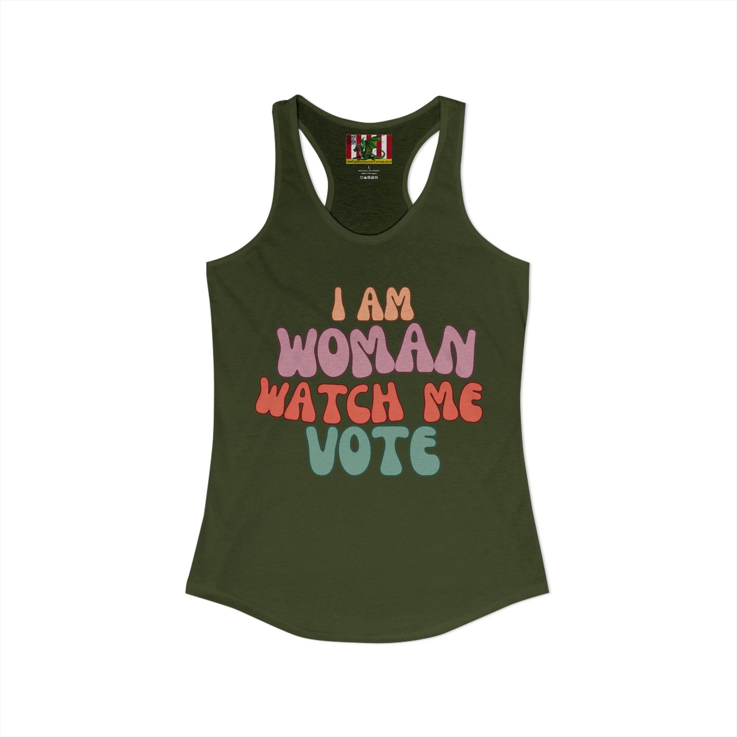 2-sided, I Am Woman Watch Me Vote Women's Racerback Tank Top by theGreenDragonTavern.shop