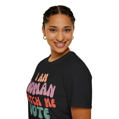 2-sided, I Am Woman Watch Me Vote Dark colors Unisex T-Shirt by theGreenDragonTavern.shop