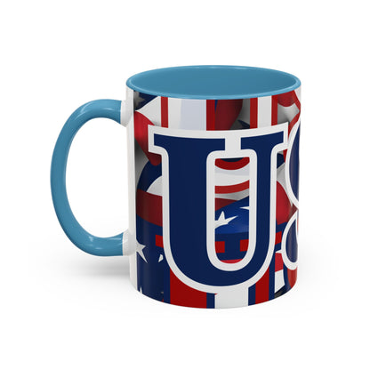 USA! USA! USA Blue font Patriot Blue Accent Mug by theGreenDragonTavern.shop